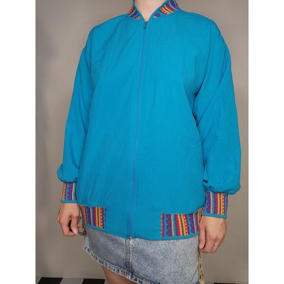 Vtg 80s Blair Boutique Blue Colorful Bomber Wind Breaker Jacket w/ Pockets Sz M - Picture 3 of 9